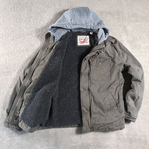 Levi’s Sherpa Lined Hooded Military Jacket Mens M Olive Green Workwear Winter - Picture 8 of 13